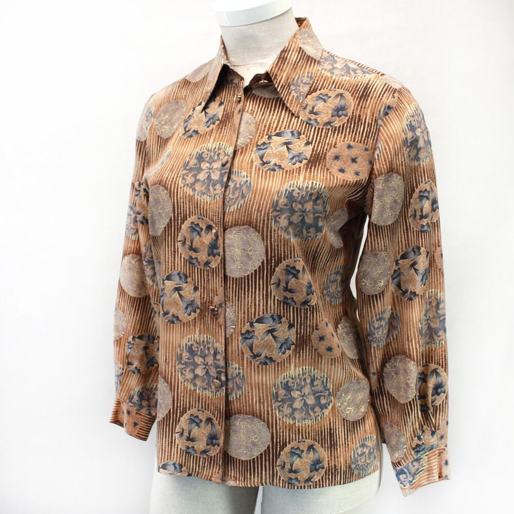 Vintage Tess 90's 100% silk medallion flowers print blouse top cuffs Large Y2K